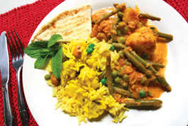 biryani rice, mili juli sabzi, chicken tikka masala, naan and tandoori lamb