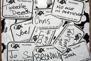 A collection of FX name tags with handwritten names, including Tweedle Deet, No One In Particular, Chris, Joel, DJ Chat, Paul Ricket Boy, Josh, Jo Sou, and BRONNY, overlapping each other.