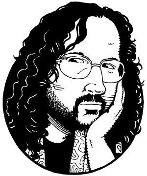 Black and white drawing of a person with curly hair, wearing glasses, resting their face on their hand, and looking forward with a thoughtful expression.