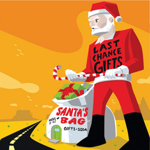 Cartoon of Santa Claus in a red outfit labeled Last Chance Gifts, holding a candy cane and standing by a large bag marked Santas Bag—Gifts • Soda by a road in a yellow, desert-like landscape.