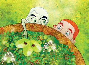 Two animated children peek over a large, ornate, leafy bowl. One points at two brown beetles on a green leaf, while the other watches curiously. The background is a soft, textured green.