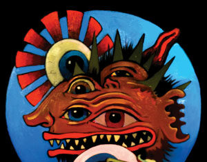 Surreal artwork of a multi-eyed, spiky orange creature with sharp teeth, green hands, and an abstract background featuring circular and fan-shaped patterns in blue and red tones.
