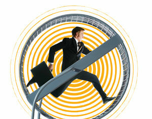 A man in a business suit runs inside a giant hamster wheel, holding a briefcase, with orange concentric circles in the background, symbolizing the repetitive cycle of work life.