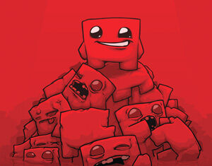 A group of red, cube-shaped cartoon characters with big eyes and expressive faces pile together, with one smiling character standing triumphantly on top. The background is a solid red gradient.
