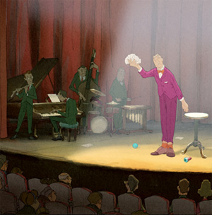 A magician in a purple suit performs on stage, holding playing cards, while a jazz band with piano, bass, drums, and flute plays behind him. An audience watches from the theater seats.