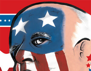 A person’s face painted with the American flag; blue with white stars covers the upper part, and red and white stripes run vertically down the lower face. The background is red with white and blue stars.
