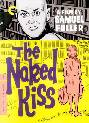 Illustrated cover for “The Naked Kiss shows a bald, startled woman in black and white at the top, and a woman with a suitcase in front of bookshelves in color below. Title is in large purple letters.