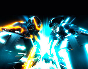 Two futuristic figures in glowing suits, one with orange highlights and the other with blue, clash with energy discs amid bright sparks and light effects in a dramatic sci-fi scene.