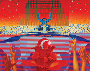 Surreal artwork with orange and red tones, showing hands reaching toward a large red flower and sphere. Above, a blue abstract figure sits in front of a geometric staircase against a vibrant sky with raindrop shapes.