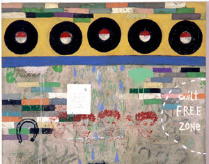 A mixed-media artwork featuring five black vinyl records on a yellow band, abstract colorful shapes, faded faces, and handwritten text including “quilt FREE ZONE” and “THERE IS SO LITTLE TO SAY,” creating a layered, textured composition.