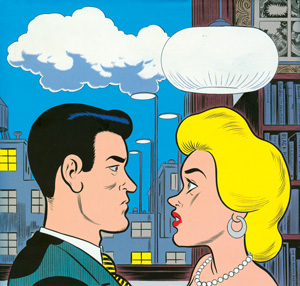 A comic-style illustration of a man and woman facing each other indoors with serious expressions. Speech bubbles and a cloud above them suggest unspoken thoughts. City buildings and bookshelves are in the background.