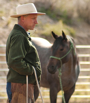 A man wearing a light-colored cowboy hat and green jacket stands beside a dark brown horse with a green halter, in front of a metal fence outdoors.