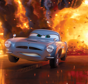 A blue animated car with expressive eyes and a confident smile speeds away from a massive fiery explosion in the background.