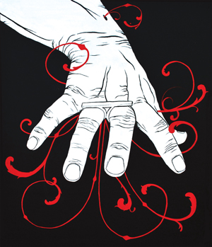 A white hand wearing a rectangular ring is spread against a black background, with red, swirling vine-like patterns extending from between the fingers.