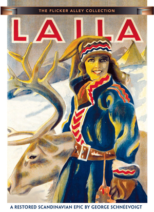 A vintage movie poster for Laila shows a smiling woman in traditional Scandinavian clothing standing next to a reindeer, with snowy mountains and a tipi in the background. Text reads: Laila, A Restored Scandinavian Epic by George Schneevoigt.