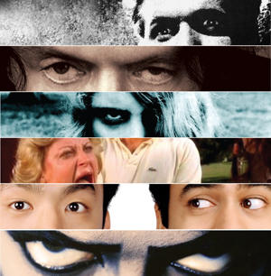 A collage of six horizontal strips, each showing intense or dramatic eyes from different people, ranging from black-and-white to color images, expressing various emotions including fear, anger, and suspicion.