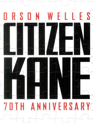Poster for the 70th anniversary of Citizen Kane featuring bold black text with the title and Orson Welles above it, set against a white background.