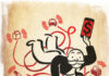 Cartoon figure in a suit holding a phone with a dollar sign, tangled in red lines connecting icons of a taxi, pills, package, and a tissue box, on a textured beige background.