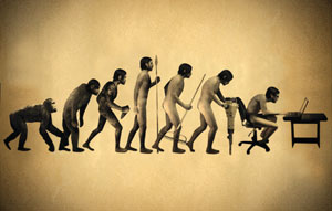 Illustration showing human evolution from ape-like ancestor to early humans with tools, ending with a modern human hunched over a computer at a desk.