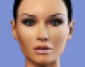 A pixelated digital image of a woman with dark hair pulled back, blue eyes, and neutral expression, set against a solid light purple background. She is wearing a black top.