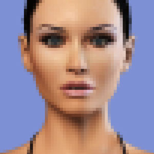 A pixelated digital image of a woman with dark hair pulled back, blue eyes, and neutral expression, set against a solid light purple background. She is wearing a black top.