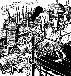 A woman with long hair and a flowing skirt stands on scaffolding, overlooking a cityscape of domed rooftops and towers with ornate spires, surrounded by swirling clouds. The scene is illustrated in black and white.