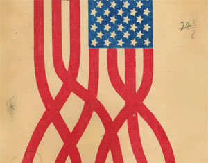 Stylized American flag with red stripes twisting and linking together at the bottom, beneath a blue field of white stars. The artwork has a vintage, textured look, with a signature Taxali in the bottom right corner.