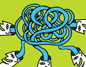 Four cartoon heads are connected by tangled blue lines flowing from their heads, symbolizing complex communication or shared thoughts, set against a bright green background.
