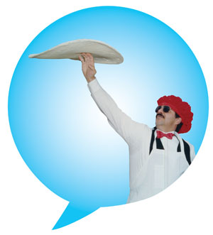 A person in a white outfit, red hat, and red bow tie tossing pizza dough into the air, set against a blue speech bubble background.