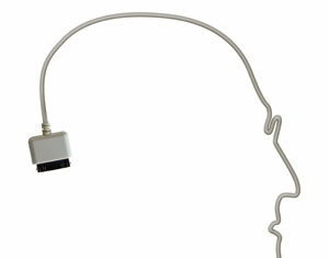 A white USB charging cable is arranged to form the outline of a human head in profile, with the connectors positioned at the neck and the top of the head.
