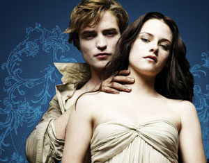 A pale young man stands behind a woman in a cream dress, gently holding her shoulders. She holds a red apple in front of her, both looking serious against a dark blue, ornate background.