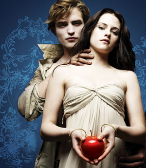 A pale young man stands behind a woman in a cream dress, gently holding her shoulders. She holds a red apple in front of her, both looking serious against a dark blue, ornate background.