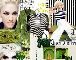 A collage featuring fashion items in black, white, and green, images of Gwen Stefani, striped outfits, green accessories, a hedge maze, and bold text, blending style, glamour, and nature-inspired elements.