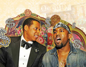 Two men stand together, one in a tuxedo holding a bottle, the other in a denim jacket and bandana. They are in front of a colorful, ornate backdrop with dollar signs and a faint “Occupy” sign in the background.
