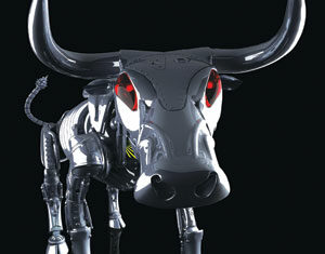 A robotic bull with metallic body parts and glowing red eyes stands against a black background, facing forward with its horns raised.
