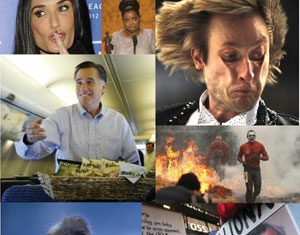 A collage of six images: a woman with her finger to her lips, a woman at a podium, a man tossing cash on a plane, a performer mid-act, runners near fire, a monkey in water, and a pig-faced man on a Billionaire poster.