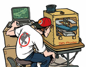A person wearing a red cap and a t-shirt with a skateboard graphic uses a laptop and a 3D printer to print a skateboard. A broken skateboard lies on the floor next to them.