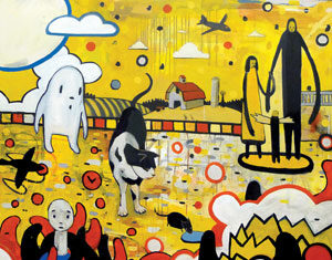 Colorful, surreal illustration featuring a ghost, a dog, a plane, human figures, and abstract shapes against a yellow backdrop with clouds, a farmhouse, and a mixture of whimsical and dreamlike elements.