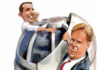 A caricature of two men in suits atop a large observatory dome, one climbing and the other pulling him up; a smiling woman stands below observing the scene.