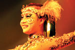 A performer in ornate, gold and feathered costume with elaborate face makeup smiles on stage, bathed in warm, orange lighting.