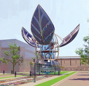 A futuristic, leaf-shaped solar structure stands in a landscaped area with trees and walkways, featuring glass walls and large, open metal “petals” that collect sunlight. Nearby buildings are visible in the background.