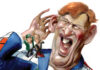 Caricature of a man in a suit covered with words like GIANTS and FREE PARKING, holding a hand to his ear as two small, shouting men stand on his shoulder. The man appears amused and unconcerned.