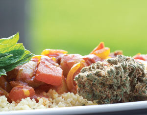 A close-up of a plate with couscous, a vegetable stew, fresh mint leaves, and a cannabis bud, all set against a blurred green outdoor background.