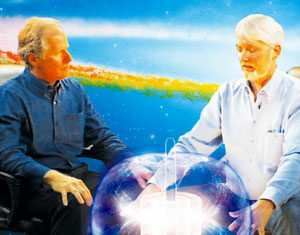 Two men sit facing each other, with a glowing, futuristic sphere appearing between their hands. Colorful, abstract background suggests a scientific or futuristic setting.