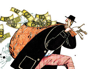 Illustration of a man in a suit and hat running while carrying a large sack overflowing with money and holding keys in his hand, suggesting the image of a thief or bank robber.