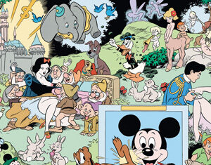 A collage of classic Disney characters, including Snow White, the Seven Dwarfs, Dumbo, Bambi, Mickey Mouse, Pluto, Pinocchio, and Cinderella, set against whimsical backgrounds from their original animated films.