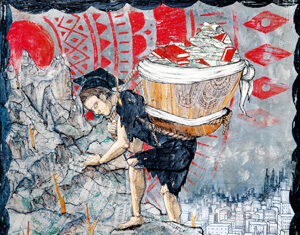 A person climbs a rocky mountain carrying a large basket filled with money, with a city below and patterned red designs in the sky.