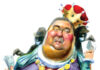 A cartoon of an overweight man dressed as a king, wearing a red crown and holding wads of cash, sitting on a golden throne surrounded by money. He appears smug and content.