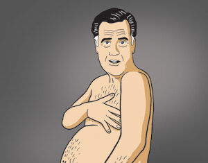 Cartoon illustration of a nude man with dark hair covering his chest and lower body with his hands, looking surprised, against a gray background.