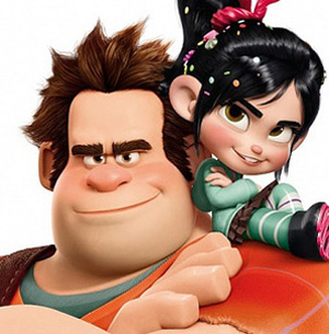 Two animated characters, a large man with spiky brown hair and a red shirt, and a small girl with black hair in a ponytail and a green hoodie, smile confidently. The girl sits on the mans shoulder, arms crossed.